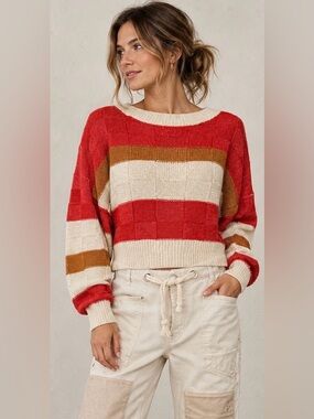 Willow & Root Cropped Pullover in Coral, Copper & Oatmeal Striped Knit.